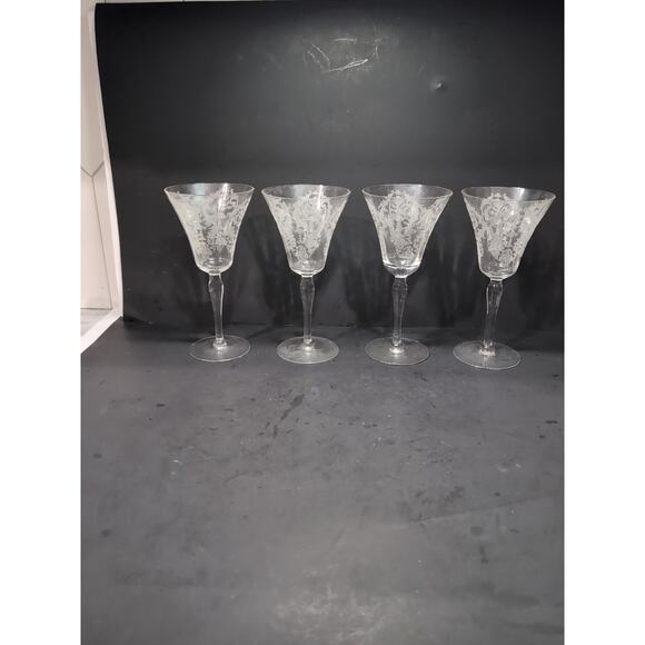 Morgantown Glass Water Goblets, Vtg Etched Chintz Clear Glass, Uranium Set of 4 - Picture 1 of 11